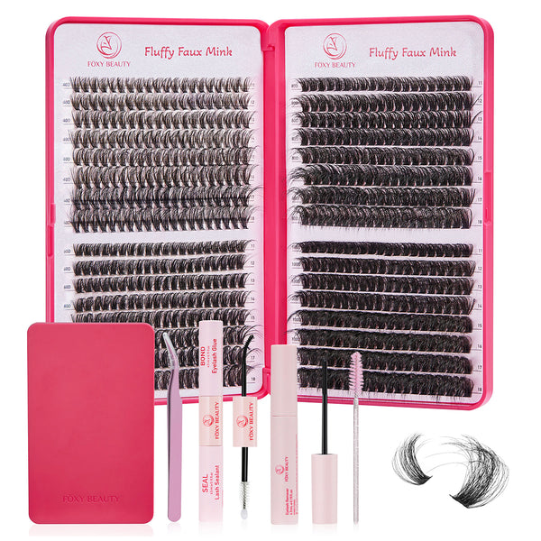 Fluffy Lash Clusters Kit 640pcs - Fluffy Lash Extension Kit with Lash Bond Seal Remover, Volume Lash Clusters 11 12 13 14 15 16 17 18mm Mink Lash Clusters Cat Eye Thick Lash Clusters 40D 60D 80D 100D